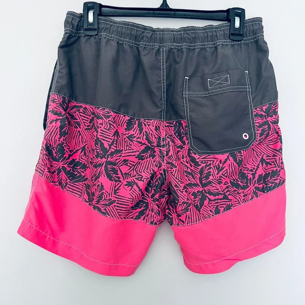 Mens Colorblock Tropical Palm Swim Trunks‎ Neon Pink Charcoal Board Shorts M